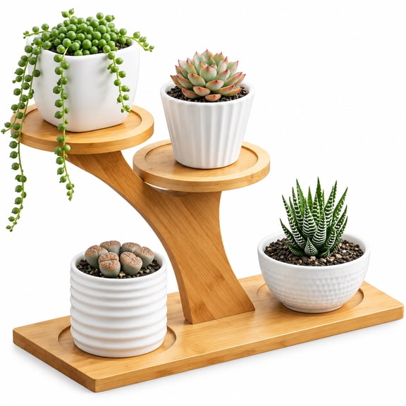 3-Tier Natural Bamboo Tabletop Plant Stand, Waterproof With Built-in Drip Trays, Compact Ladder Succulent Rack for Window Sill & Desk Decor
