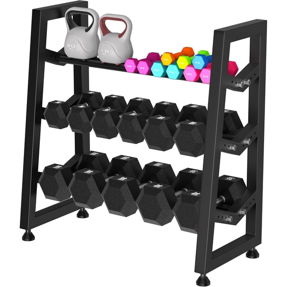 3 Tier Weight Rack for Home Gym Dumbbells, Universal Dumbbell Rack with Adjustable Width Rails, Heavy Duty Angled Storage Stand for Kettlebells & Hand Weights (Rack Only)