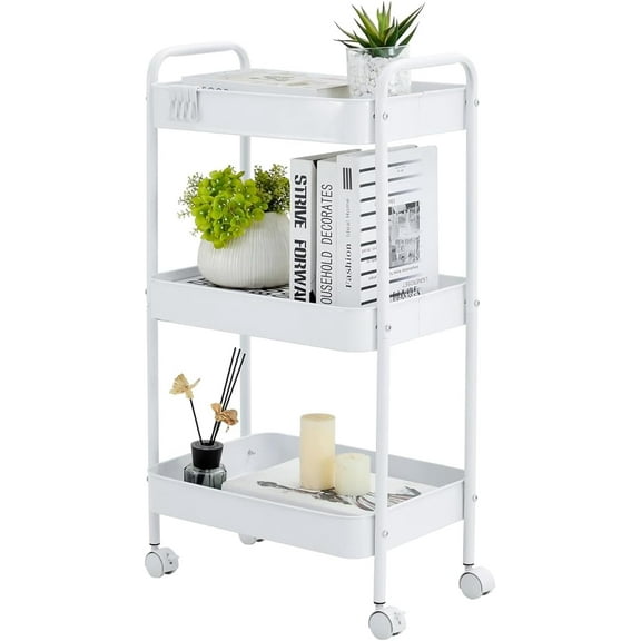 3 Tier Wheeled  Storage Rack, Floor Standing Storage Cart,Easy To Assemble Flexible And Stable Floor Storage, Suitable For Indoor Offices, Home Kitchens, Outdoor,White