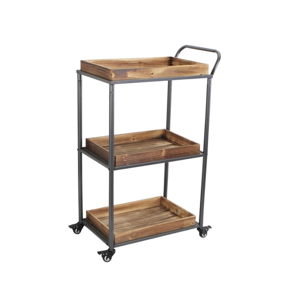 3 Tier Wheeled Wood Tray Cart With Metal Frame - Brown
