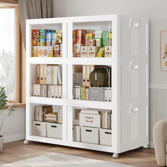 3-Tier White 150-Gallon Collapsible Stackable Storage Bins with Lid, Wheels, and Doors, Plastic Cabinet for Clothes and Snacks