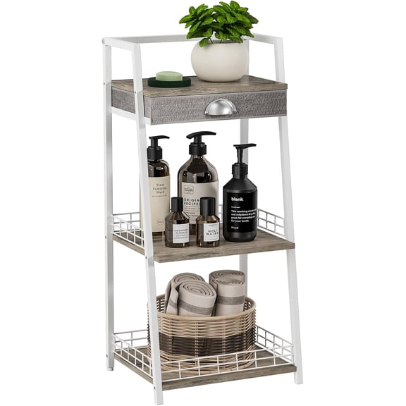 3-Tier White Bathroom Shelves with Drawer, Floor Storage Shelf, Small Bathroom Stand Rack, Freestanding Ladder Bookshelf for Living Room Bedroom