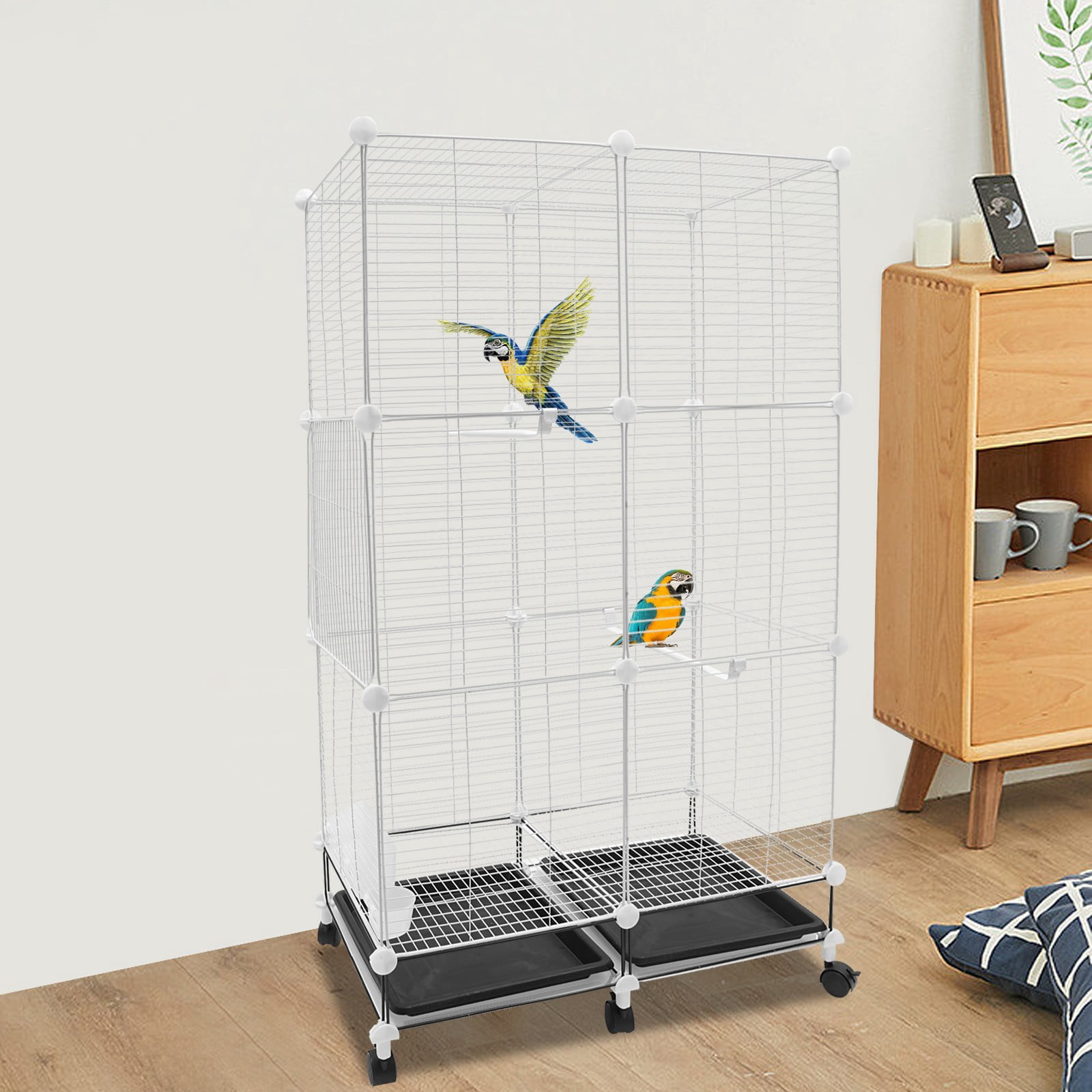 Rectangle Bird 3-Tier White&Black Freestanding Bird Cage Rectangle Space-saving Bird ...