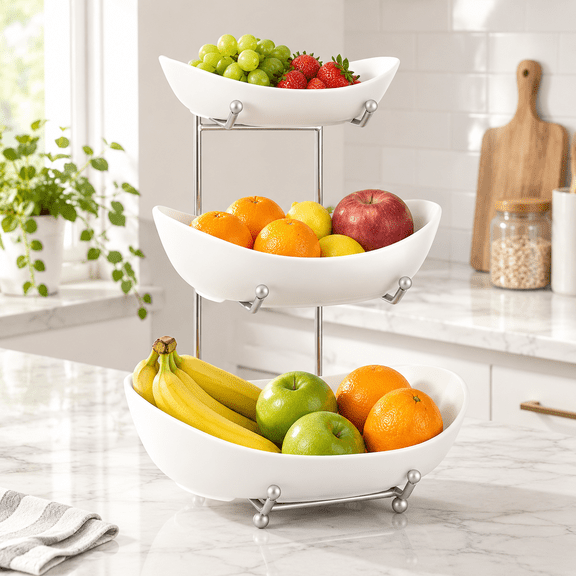 3 Tier White Ceramic Fruit Basket, Countertop Storage Rack for Produce, Snacks, Bread and Candy