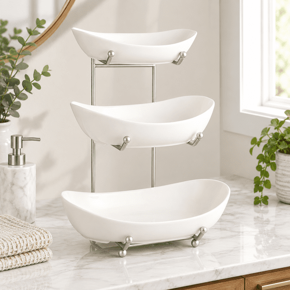 3 Tier White Ceramic Fruit Basket, Countertop Storage Rack for Snacks, Bread, Candy and Produce