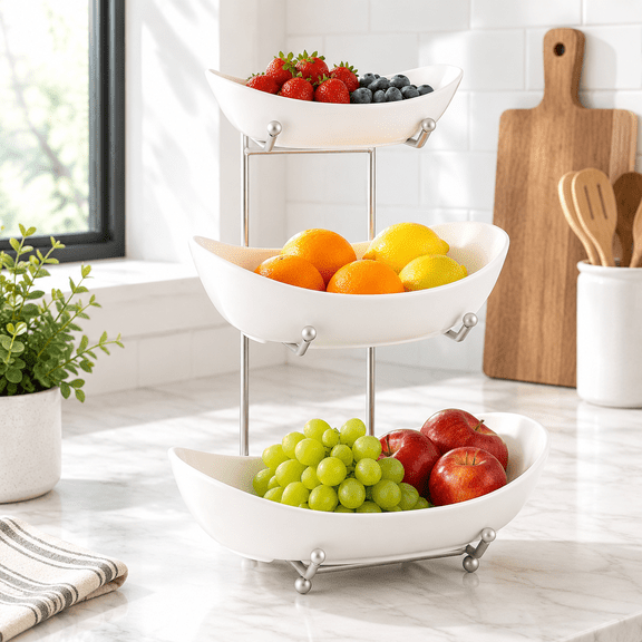 3 Tier White Ceramic Fruit Basket, Countertop Storage Rack for Snacks, Nuts, Bread and Candy