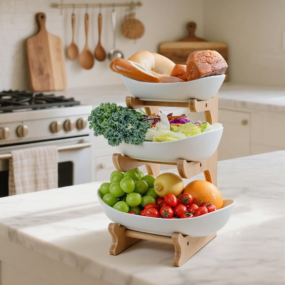 3-Tier White Ceramic Fruit Basket with Natural Bamboo Stand - Countertop Storage for Fruits & Cakes