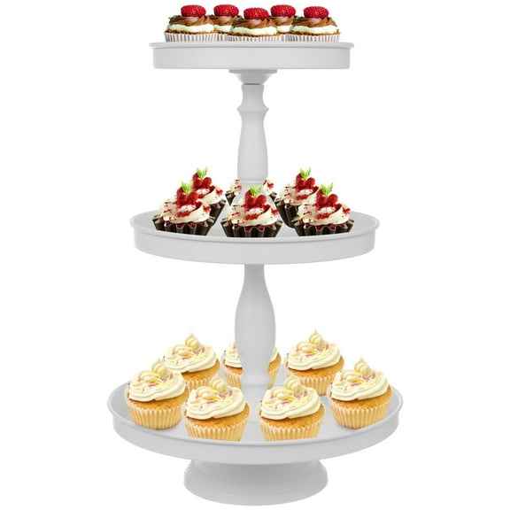 3-Tier white farmhouse-style tiered cake stand with rustic round metal serving platters holds 50 cupcakes for parties and weddings