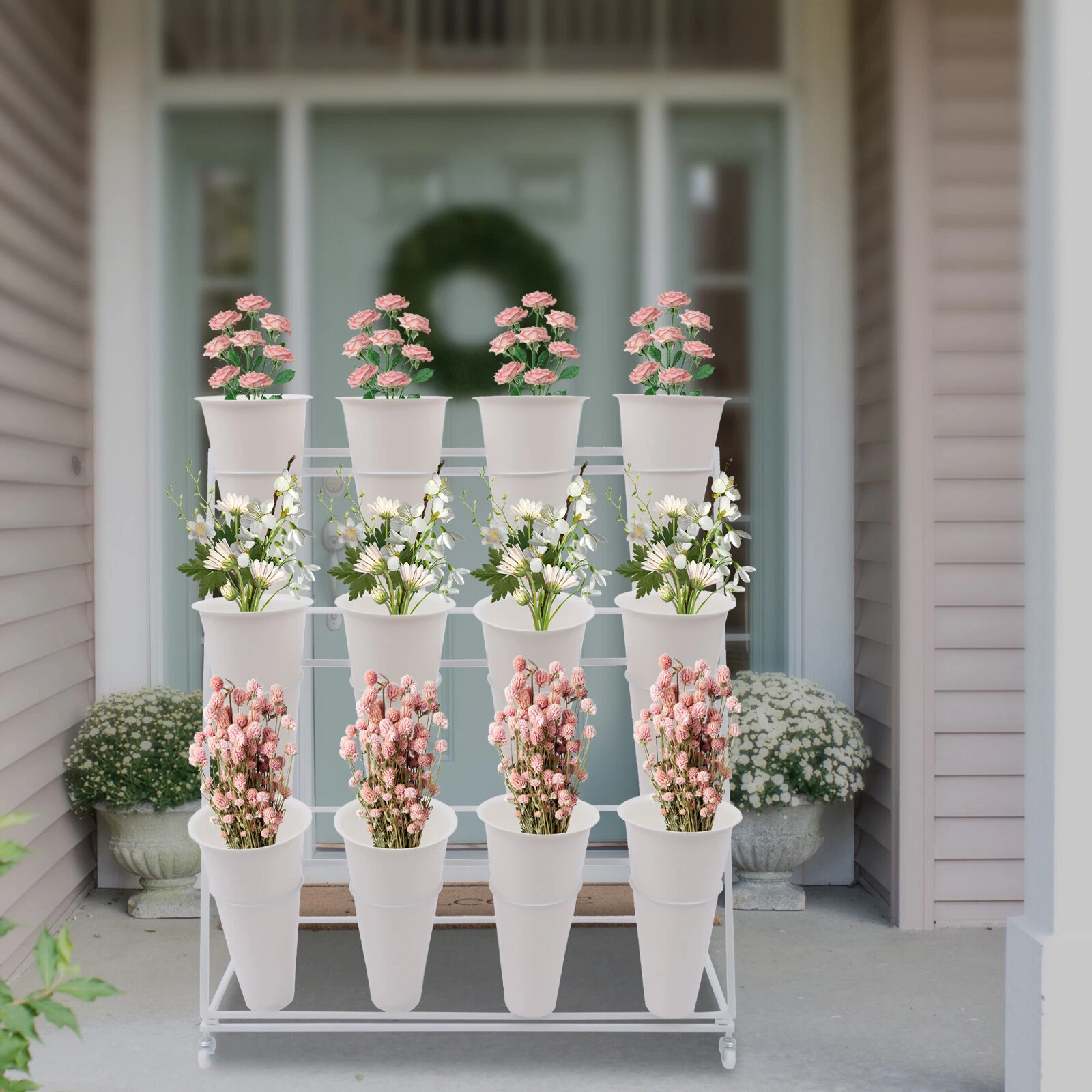3-Tier White Flower Display Stand Metal Storage Rack W/ 12 buckets ...