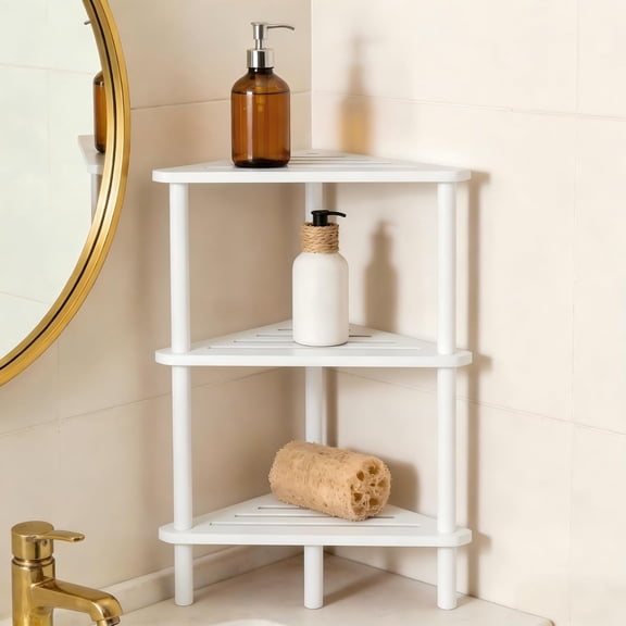 3-Tier White Free Standing Corner Shower Caddy, Bamboo Wood Bathroom Shower Shelf Table for Inside Shower Organizer & Storage Foot Rest Shower Stool