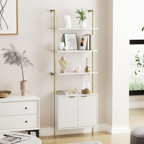 3 Tier White & Gold Ladder Shelf with Storage Cabinet, Modern Ladder Bookshelf with Doors, Wall Mount Bookcase with Metal Frame, Display Shelves for Living Room, Bedroom, Bathroom, Home Office
