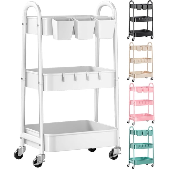 3-Tier White Heavy-Duty Metal Rolling Cart - Hot Deal! Lockable Wheels Organizer for Teacher, Craft & Baby Diapers