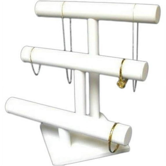 3 Tier White Leather T-Bar Bracelet & Necklace Jewelry Display Stands