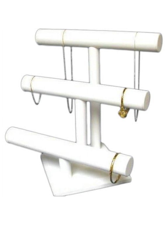 3 Tier White Leather T-Bar Bracelet & Necklace Jewelry Display Stands