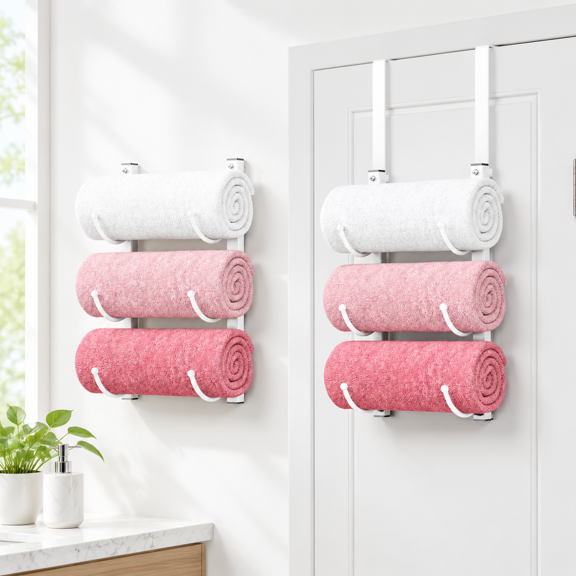 3-Tier White Rolled Towel Rack, Over The Door & Wall Mount Metal Organizer for Bathroom, RV, Camper