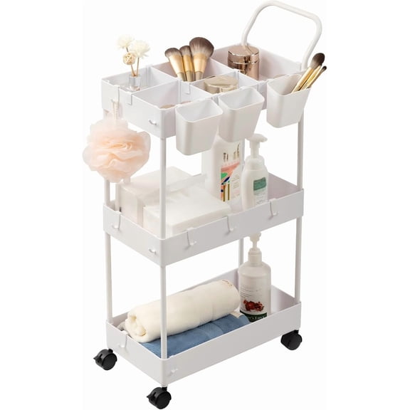 3-Tier White Slim Rolling Storage Cart - Hanging Cups, Hooks & Dividers for Narrow Places, Bathroom & Laundry
