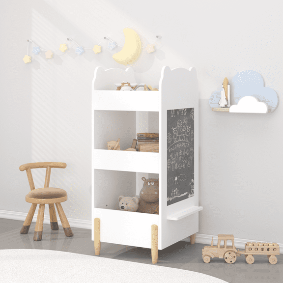 3-Tier White Wooden Kids Bookshelf with Chalkboard Side | Bear-shaped organizer with drawing board, ideal for toddlers' playroom or bedroom