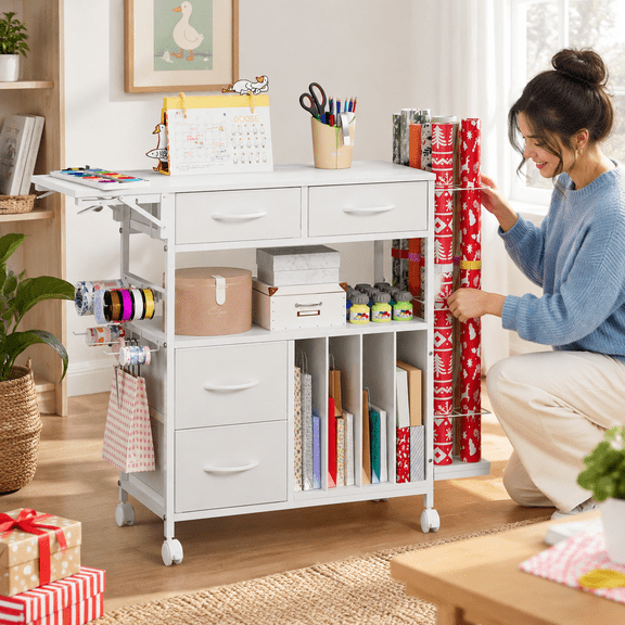 3-Tier White Wrapping Paper Storage Cart with Foldable Table for Gift Wrap Organization