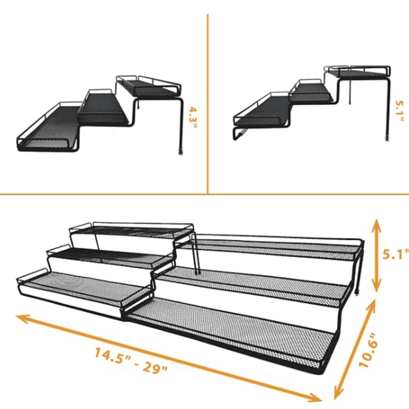 3 Tier Wide Expandable Cabinet Spice Rack Organizer (14.5" to 29.1") - Step Shelf with Protection Railing, Black