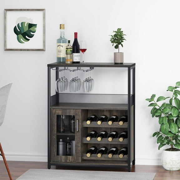 3-Tier Wine Bar Cabinet with Detachable Wine Rack and Storage Space, Buffet Cabinet with Glass Holder and Mesh Door, for Kitchen, Living Room and Bar.Dark Grey.