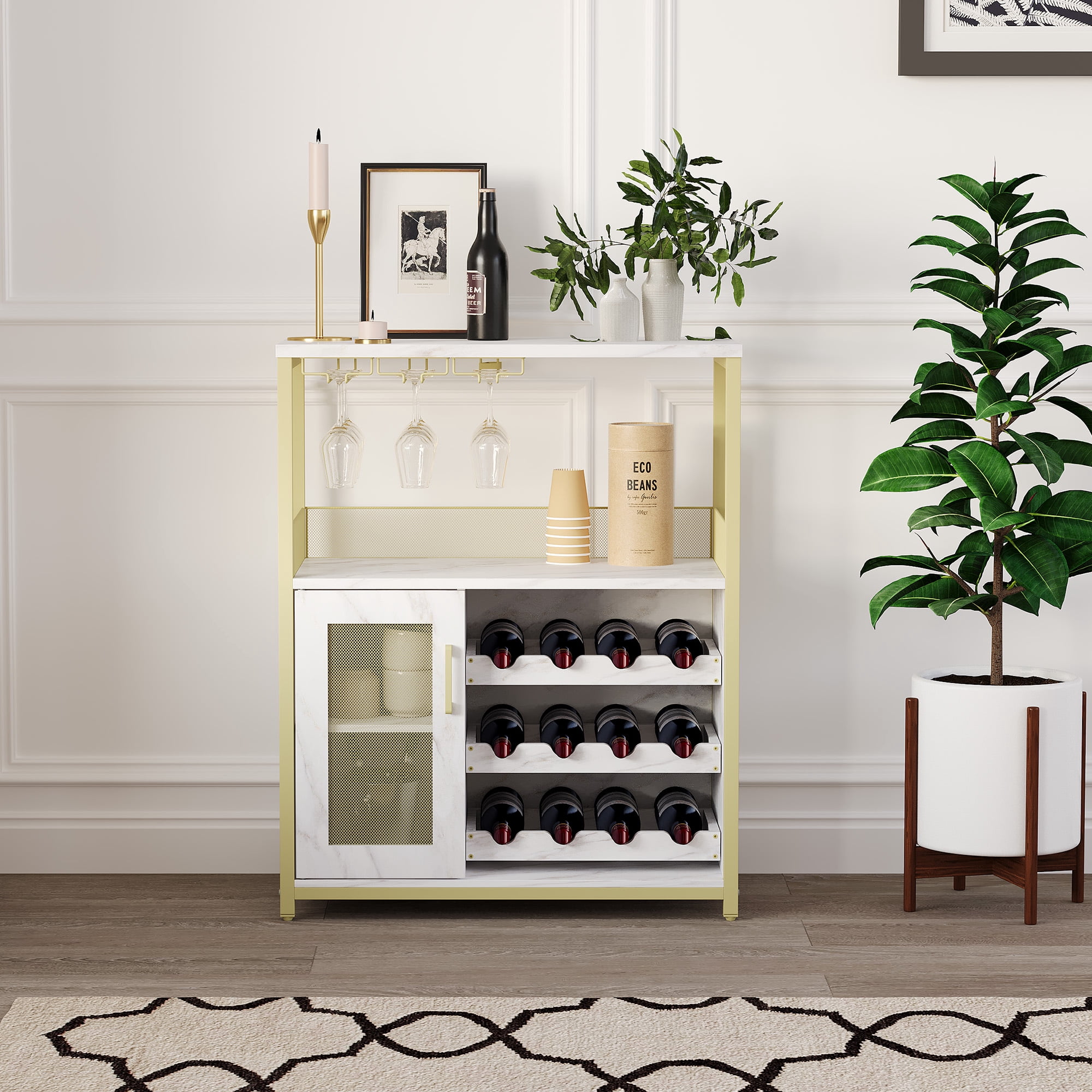 3-Tier Wine Bar Cabinet with Removable Wine Racks and Glass Holder,Gold ...