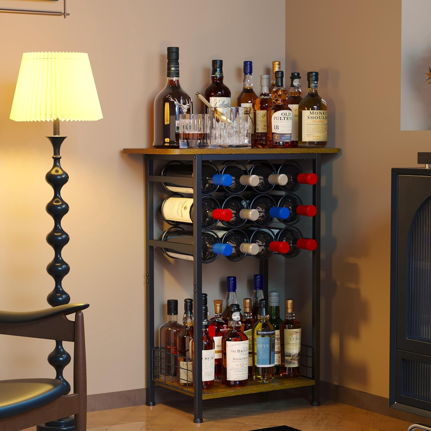 3-Tier Wine Rack Freestanding Floor Cabinet Corner Bar Cabinet Bar Cart ...