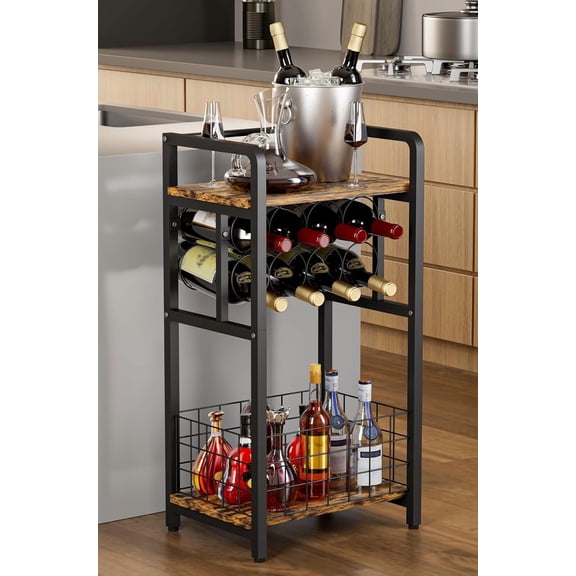 3-Tier Wine Rack Freestanding Floor with Wood Top, Liquor Stand Bottle Holder, Corner Bar Table for Small Space, Metal Whiskey Shlef Kitchen, Cellar, Living Room, Black