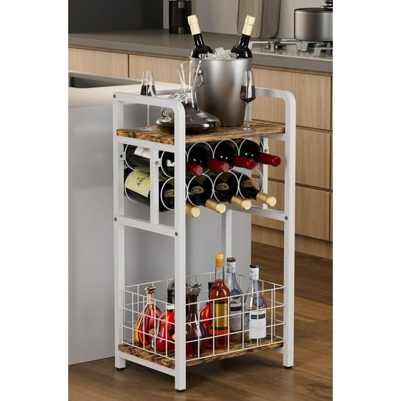 3-Tier Wine Rack Freestanding Floor with Wood Top, Liquor Stand with Wine Bottle Holder, Corner Wine Bar Table for Small Space, Metal Whiskey Shlef for Kitchen, Cellar, Living Room, White