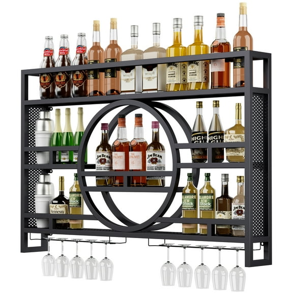 3-Tier Wine Rack Wall Mounted [NO ASSEMBLY REQUIRED], 39"Floating Bar Shelves with Wine Glass Holder Hanging Liquor Shelf Wall-Mounted Wine Racks Cabinets for Home Bar