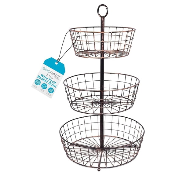 3 Tier Wire Fruit Basket - Round Metal Standing Basket for Kitchen - Rustic Bronze Vegetable & Garlic Holder - Freestanding Decorative Storage Caddy