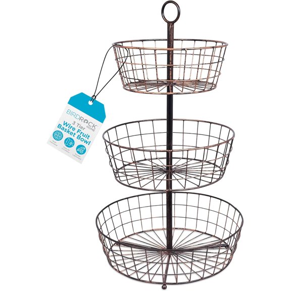 3 Tier Wire Fruit Basket, Round Metal Standing Baskets for Fruit Vegetable Garlic Caddy, Freestanding Rustic Decorative Basket