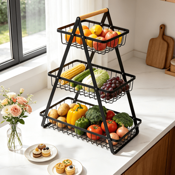 3-Tier Wire Fruit Storage Basket, Countertop Fruit Organizer, Metal ...
