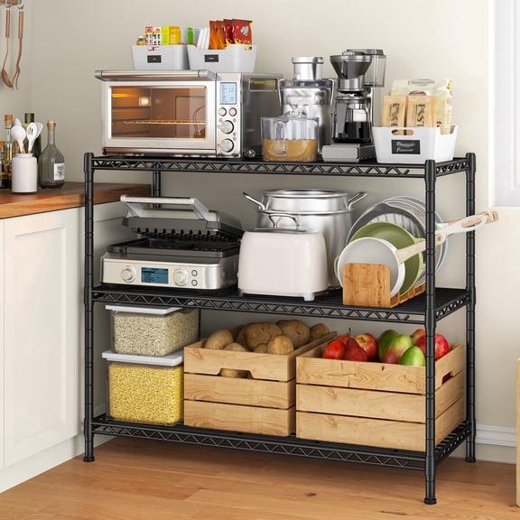 melmine 3-Tier Wire Shelving Unit,35.6" W Adjustable Metal Storage Rack,Steel Storage Shelves for Kitchen,Pantry,Laundry Room,Closet & Garage Organization,Black