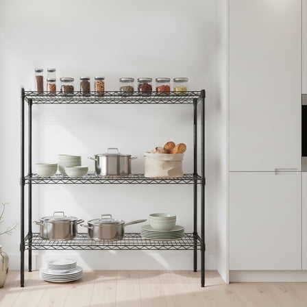 3 Tier Wire Shelving Unit, Heavy Duty Storage Rack, Adjustable Metal Shelves Set of 2, Expandable Garage Shelving, 1050 lbs Capacity, Black