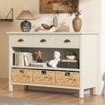 thumbnail image 1 of 3-Tier Wood Console Table with 3 Drawers,Retro Entryway Table Hallway Table with 3 Woven Baskets for Living Room, Hallway, Foyer,Office,White, 1 of 7