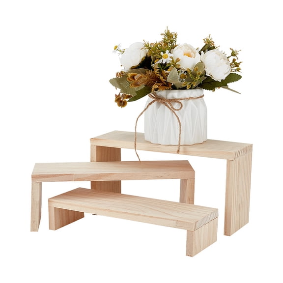 3-Tier Wood Display Riser Stand 9.8x3.1 inch Rectangular Shelf Organizer Unfinished Wooden Display Risers Shelf Wood Display Stand for making