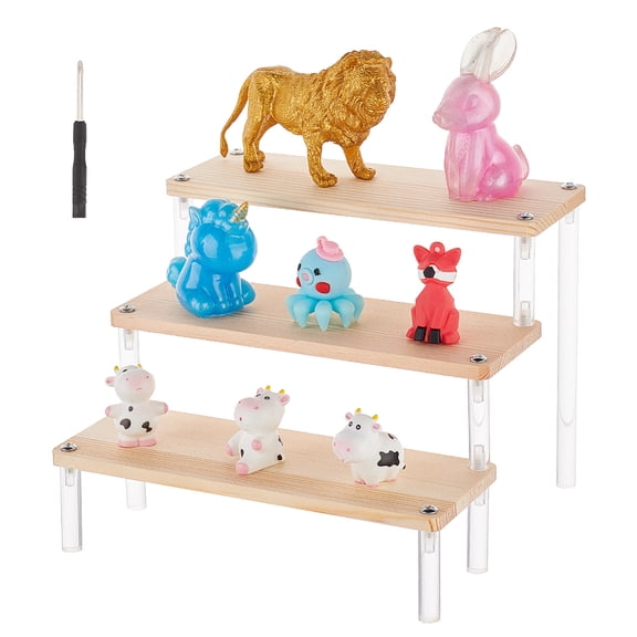 3-Tier Wood Display Stand (Wheat Color 7.9x2.8 inch) Pedestal Assembled Holder Display Riser Cascading Display Shelf Merchandise Organizer Tray