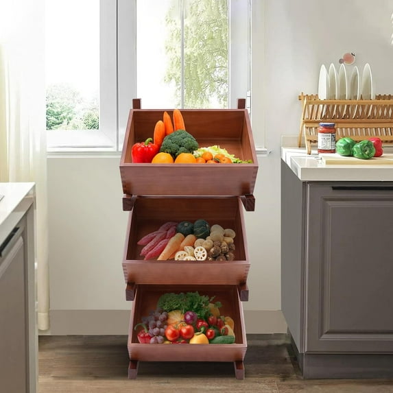 3-Tier Wood Fruit and Vegetable Storage Rack, Pull-Out Snack Stand Fruit Basket Stand