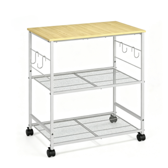 3-Tier Wood Metal Rolling Storage Cart with S Hooks Lockable Rotatable Casters Multi-Scene Standing Rack for Kitchen Coffee Bar Office Balcony Entryway