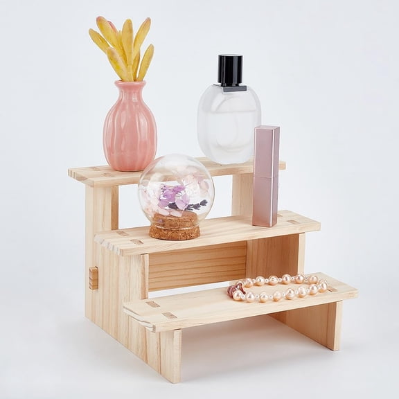 3-Tier Wood Model Toy Display Riser Wooden Tiered Minifigures Rack for Cosmetic Small Jewelry Rectangle Antique White Finished Product: 20x18x14.2cm