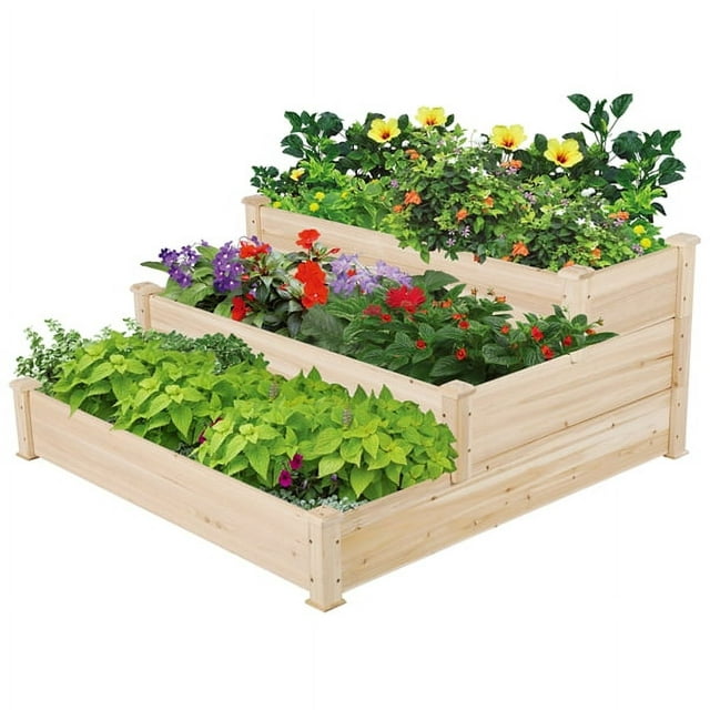 3 Tier Wood Raised Garden Bed Wood Elevated Flowers Vegetables Planter