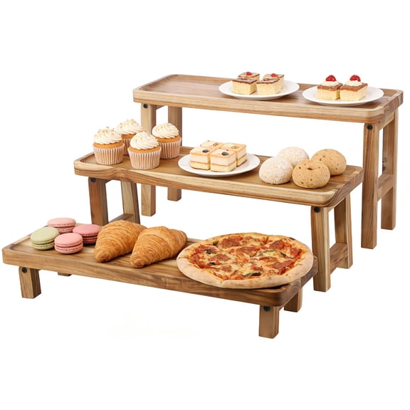 3 Tier Wood Serving Tray Set, 16.9 Inch Foldable Dessert Display & Cupcake Stand, Sturdy Charcuterie Boards Rustic Wood Platters Set for Birthday, Wedding, Christmas, Party Decorations & Home Use