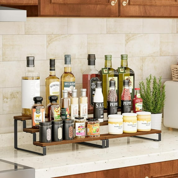 3-Tier Wood Spice Rack, 13.8 Inch Countertop Storage Holder for Kitchen Pantry, Baking Supplies & More