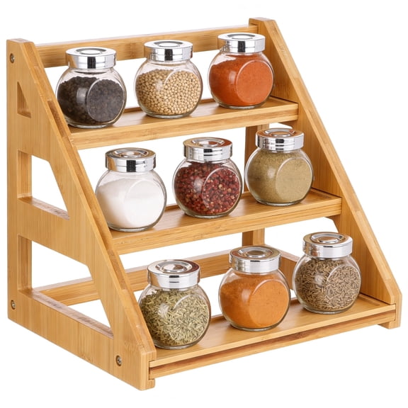 3-Tier Wood Spice Rack Organizer, Countertop Spice Rack, Kitchen Cabinet Shelf, Step Design Display Shelf, Spice Storage for Kitchen, Bathroom, 12 x 8.5 x 9.4 in
