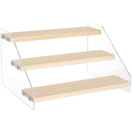 3 Tier Wooden Acrylic Display Riser Figure Display Stand Showing Stand Clear Display Shelf Perfume Model Stand with Adhesive Tape for Crafts Showing Storage Display Collection 7.8x6.3x4.5