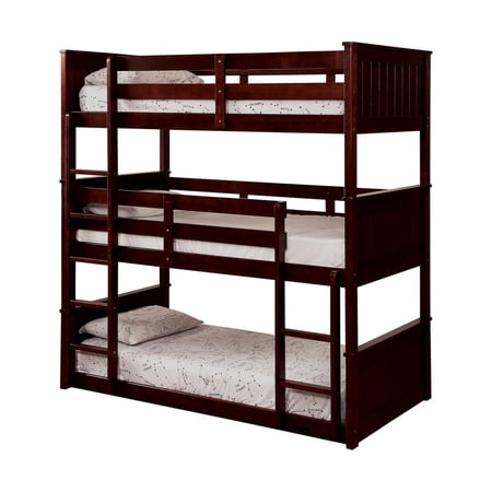 3 Tier Wooden Bunk Bed with Attached Ladders and Slat Base, Brown- Saltoro Sherpi