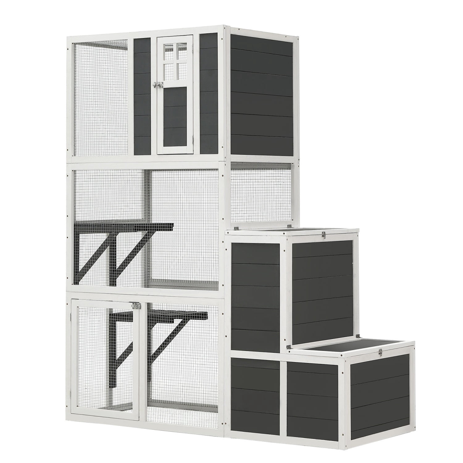 3-Tier Wooden Cat House, Outdoor & Indoor for 1-3 Cats Cat Enclosure Resting Box with 4 Platforms and 2 doors Cat Shelter Kitty House with a Jump Box for Hiding and Resting Cat Cage 71"H-Gray