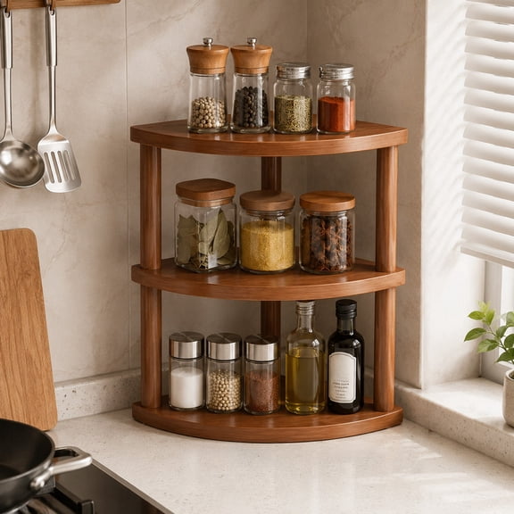 3 Tier Wooden Corner Storage Shelf Triangular Desktop Organizer Rack Durable Countertop Display Stand For Kitchen Living Room(Coffee-40Cm)