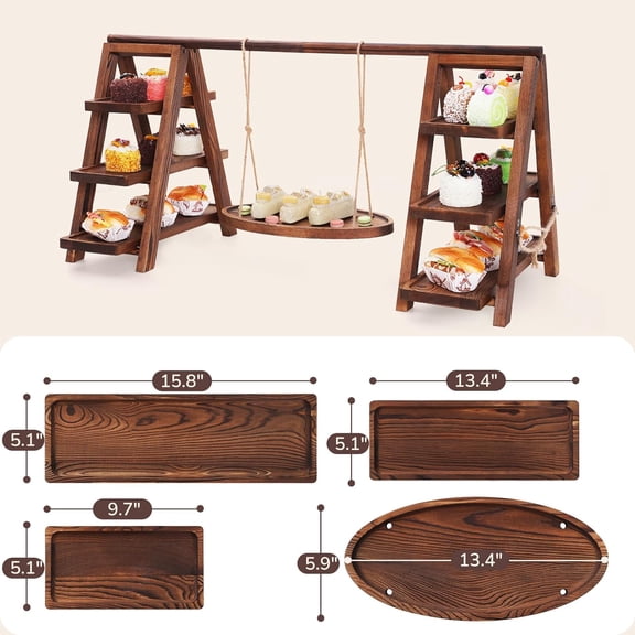 3-Tier Wooden Cupcake & Dessert Display Stand with Swing Frame Rustic Torch-Finished Pine, Wide 5.1" Trays, Pre-Assembled with Anti-Slip Pads, Party & Wedding Cake Holder