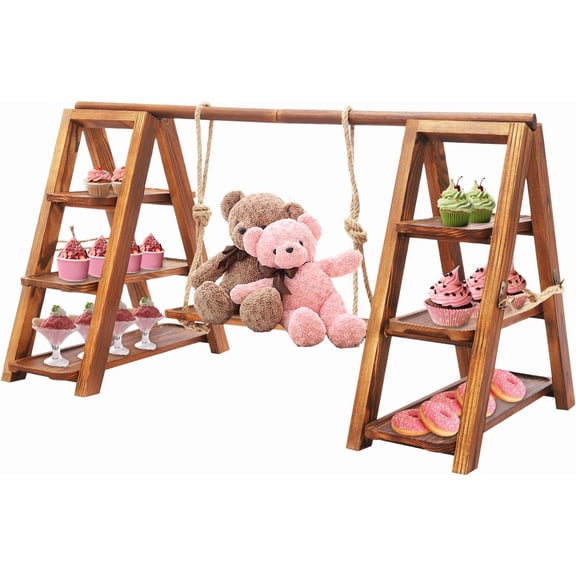 3-Tier Wooden Cupcake Stand, Dessert Display Stand w/Removable Trays & Adjustable Height Swing Plate, Rustic Candy Cart Serving Tray for for Party, Birthday, Wedding, Events, Baby Shower
